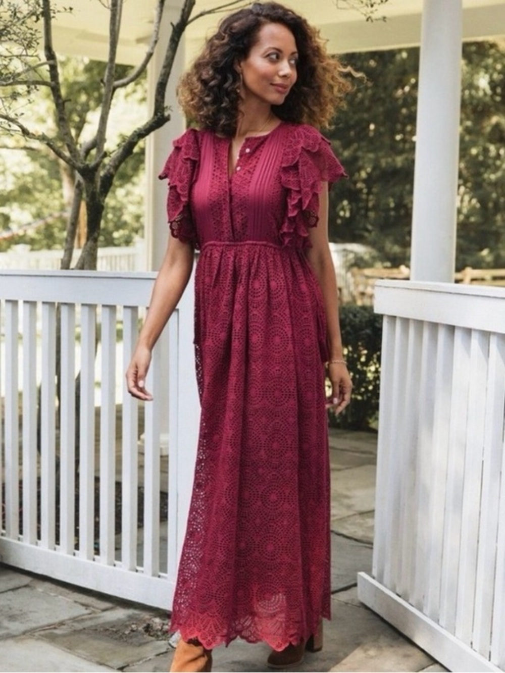 BAYBALA Eyelet Lindsey Maxi Dress Cranberry Cotton Tassel Tue Waist Size M